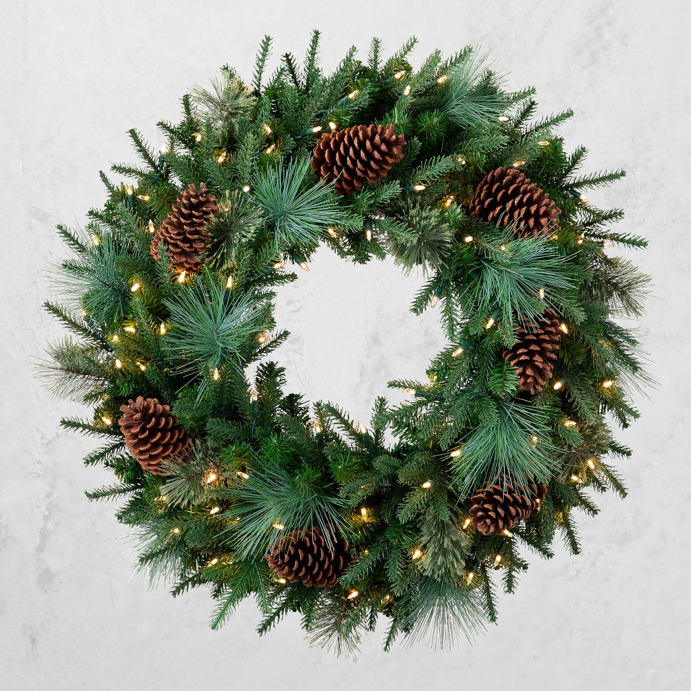Mixed Evergreen Window Pre-Lit Wreath, 22" LED Clear