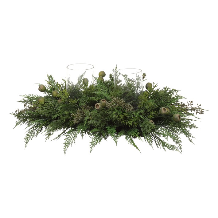 Holiday Mixed Pine Candle Holder Faux Centerpiece