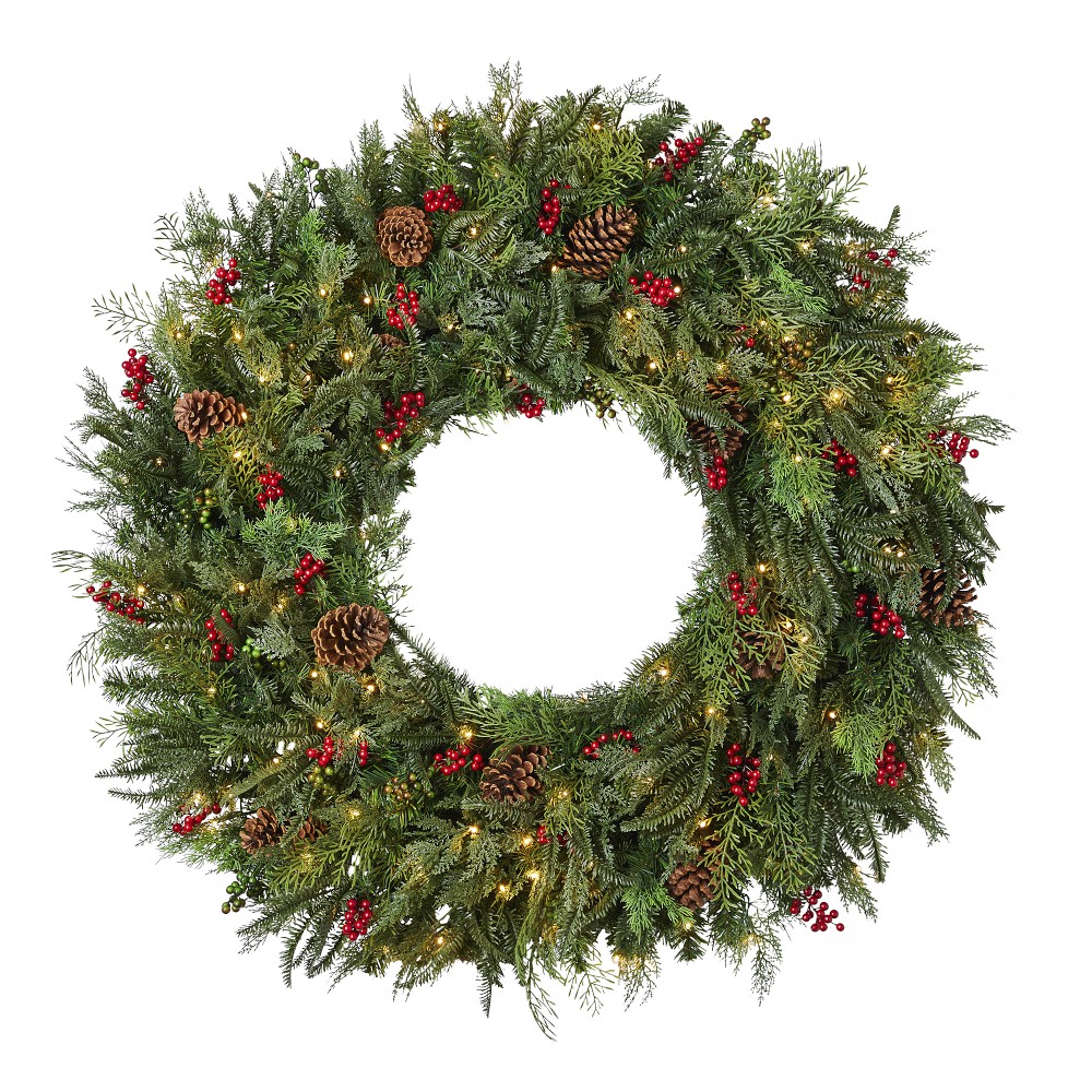 Balsam Hill Outdoor Winter Evergreen Pre-Lit Faux Wreath &amp; Garland