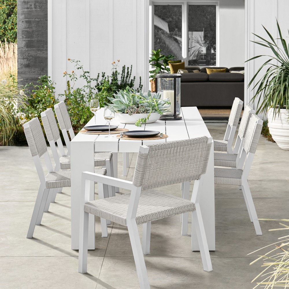 Larnaca Outdoor White Metal Dining Table &amp; All-Weather Weave Dining Chairs
