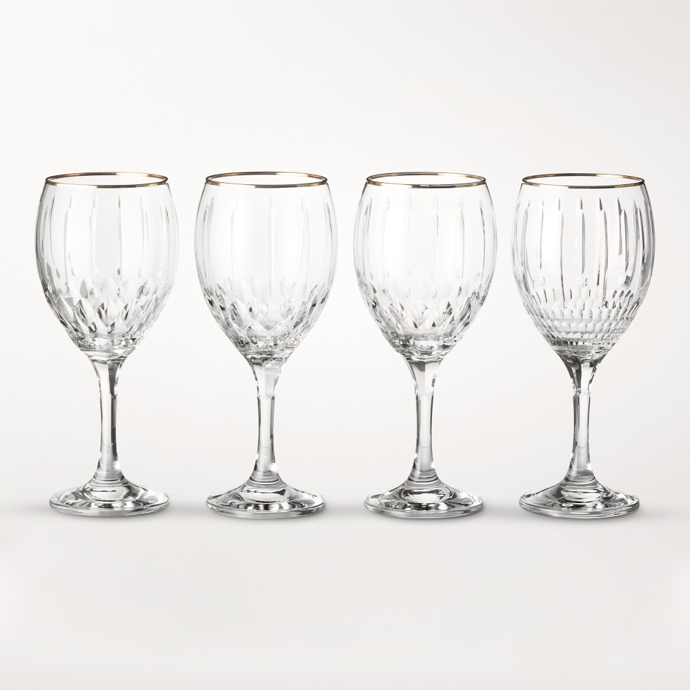 Wilshire Jewel Cut Gold Rim Wine Glasses, Set of 4