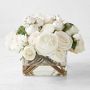 Faux White Rose Arrangement in Square Vase