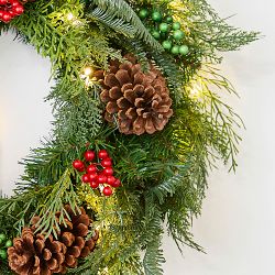 Balsam Hill Outdoor Winter Evergreen Pre-Lit Faux Wreath &amp; Garland