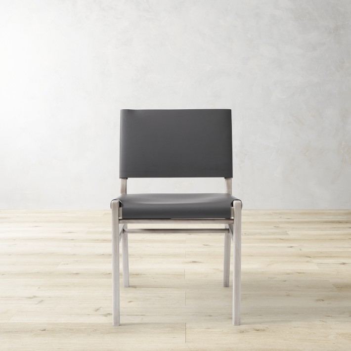 OPEN BOX: Stratton Slung Leather Side Chair, Silverstone, Grey Leather