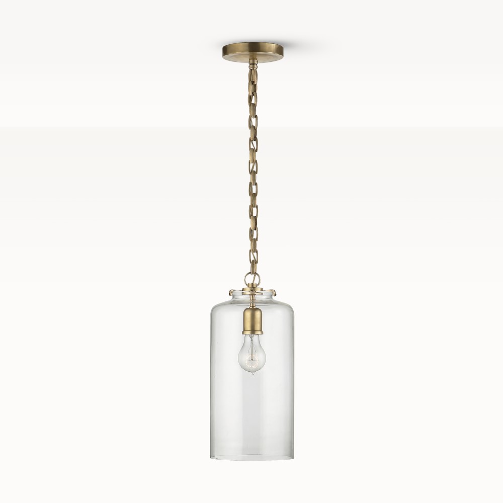 Scarlet Cylinder Pendant, Clear Glass, Antique Brass