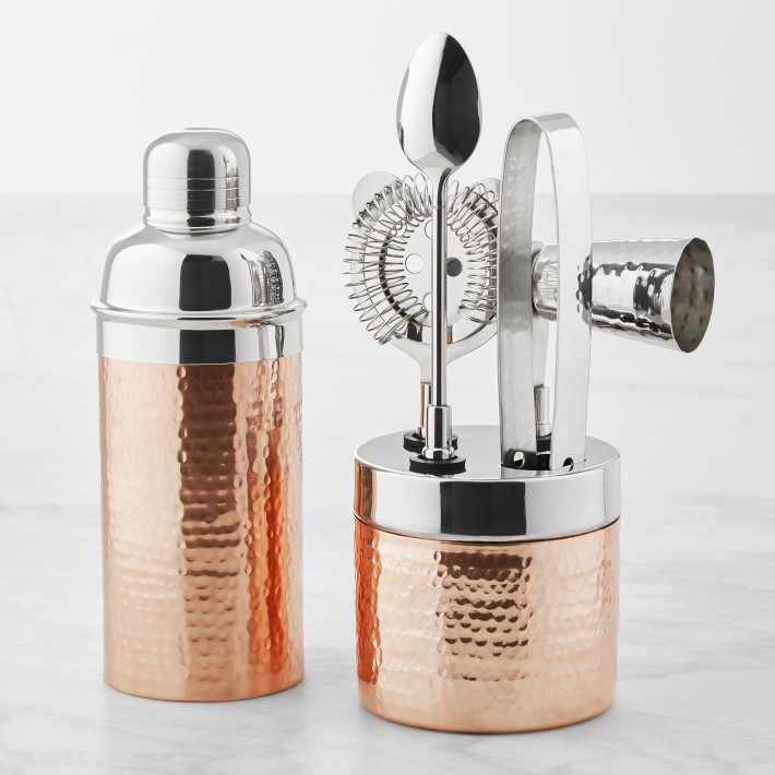 Williams Sonoma Hammered Copper Cocktail Shaker & Bar Tools Set