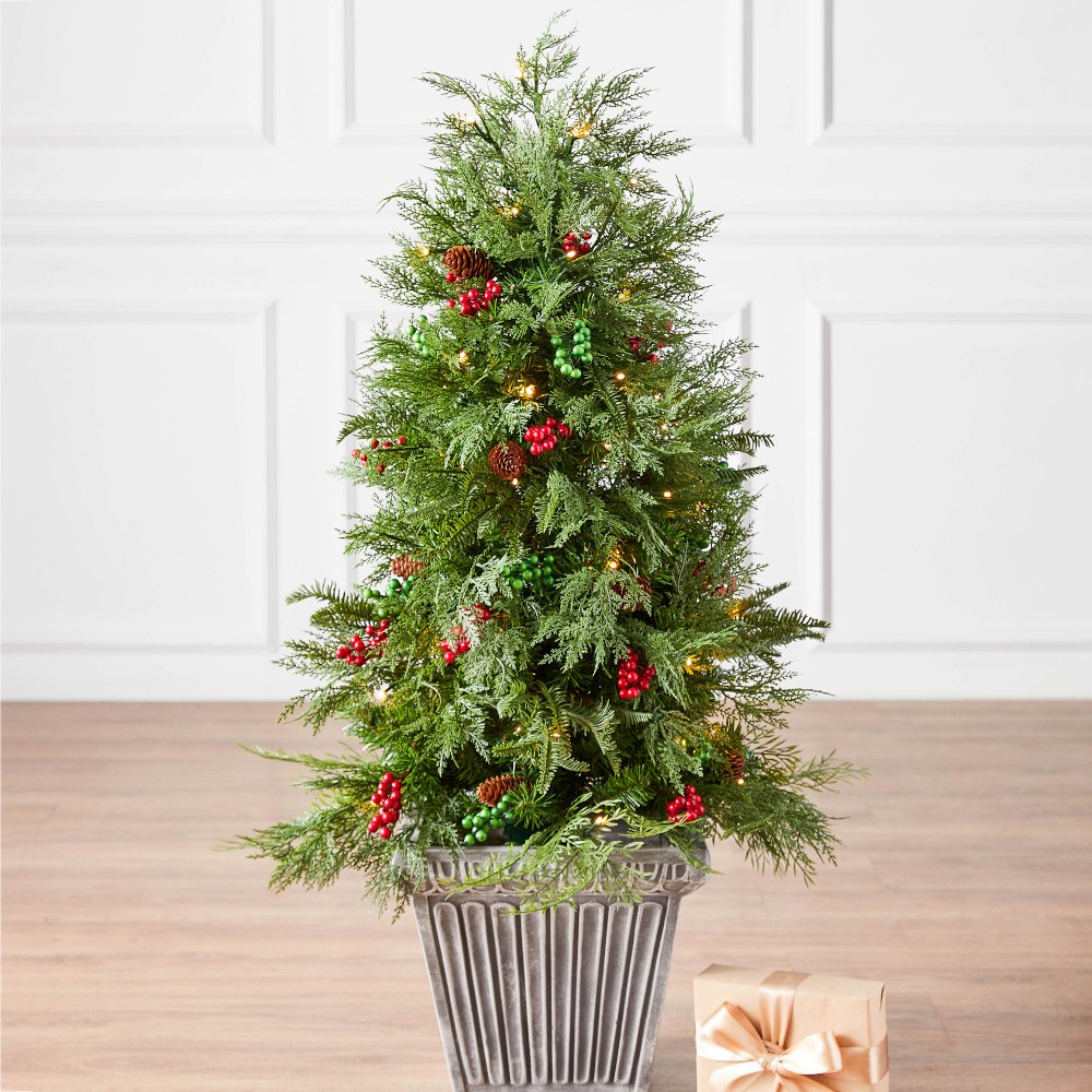 Balsam Hill Outdoor Winter Evergreen Potted Tree, 4', LED Battery-Operated