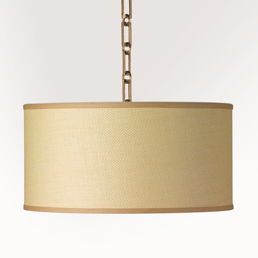 Custom Fabric Drum Shade and Base, Medium, Raffia, Natural, Antique Brass