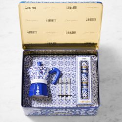 Bialetti Moka Dolce &amp; Gabbana 3-Cup + 3 Espresso Cups &amp; Stirrers Gift Set, Blu Mediterraneo