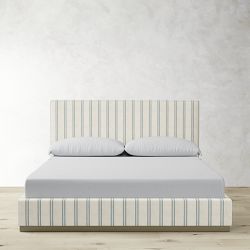 Brooklyn 47 Inch Nontufted W/NH AB with Storage Upholstered Bed, California King, Standard, Performance Double Stripe, Mist, Antique Brass