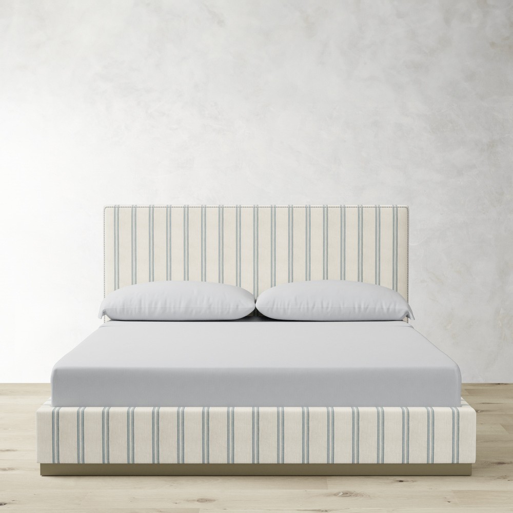 Brooklyn 47 Inch Nontufted W/NH AB with Storage Upholstered Bed, California King, Standard, Performance Double Stripe, Mist, Antique Brass