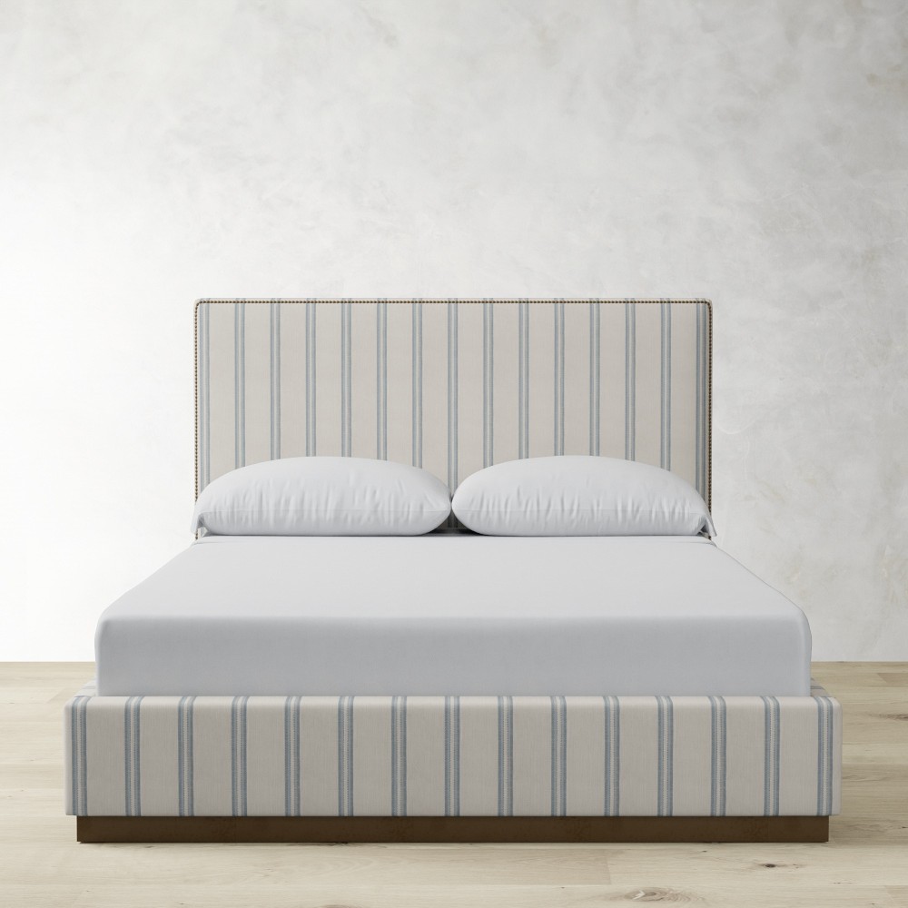 Brooklyn 47 Inch Nontufted W/NH AB with Storage Upholstered Bed, Queen, Standard, Performance Double Stripe, Mist, Antique Brass