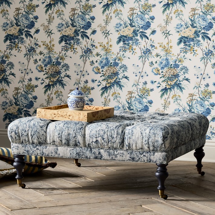 Sanderson x Giles Deacon Fairfax Bench Ottoman, Turned Leg with Tufted Top (26&quot;-61&quot;)