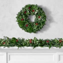 Variegated Holly &amp; Holiday Greenery Live Wreath &amp; Garland