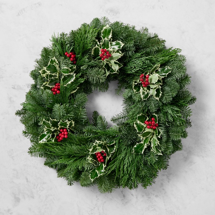 Variegated Holly & Holiday Greenery Live Wreath, 22"