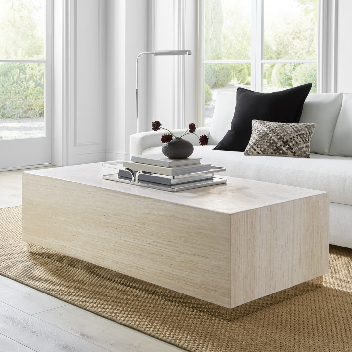 Travertine Rectangular Coffee Table, Stainless Steel (56&quot;)