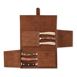 W&#252;sthof Ikon Mixed Wood Steak Knives with Leather Knives Roll, Set of 6