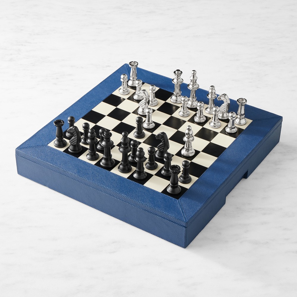 Williams Sonoma Home x THE GEORGE Leather Chess and Checkers, Blue