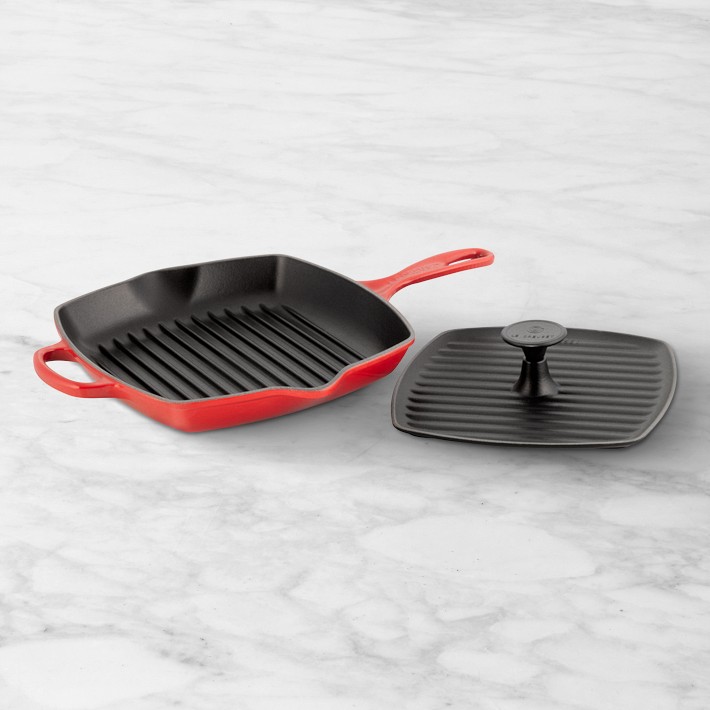 Le Creuset Signature Enameled Cast Iron Square Grill Pan & Press Set, 10", Red