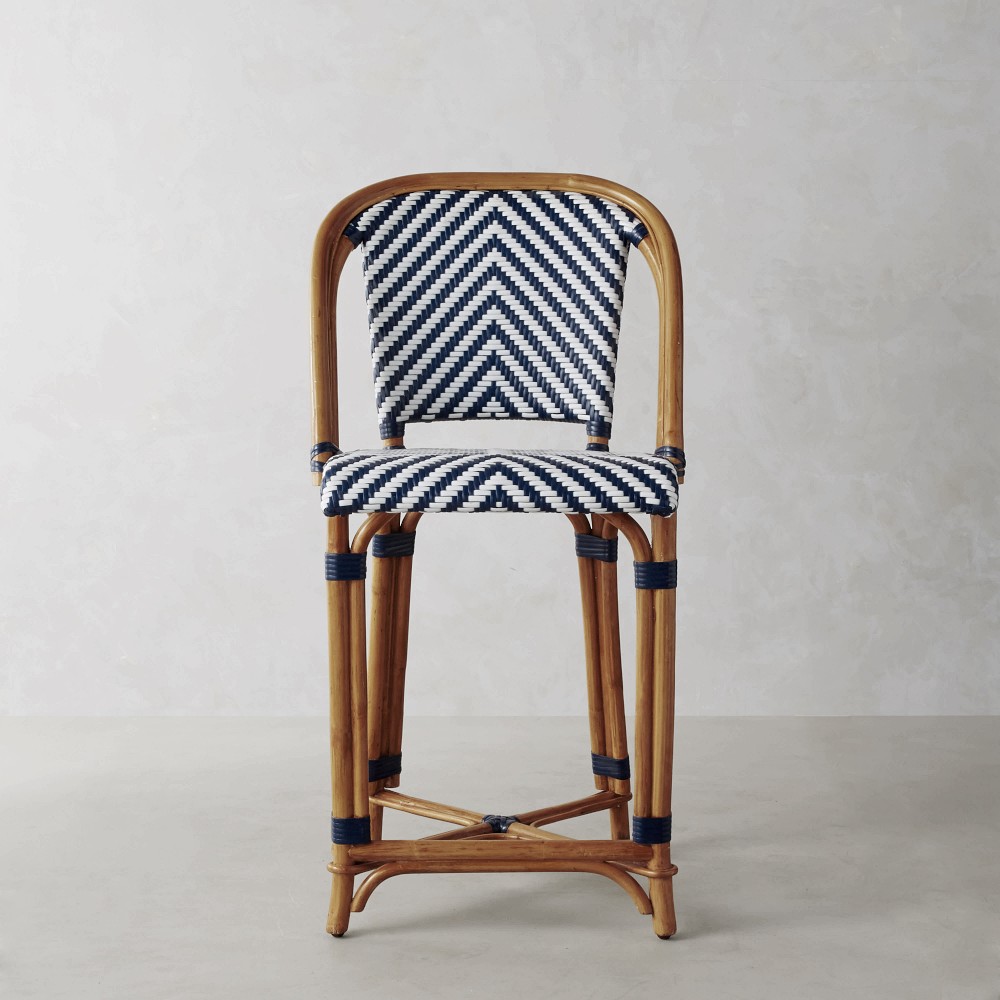 OPEN BOX: Parisian Bistro Woven Counter Stool, Blue/White