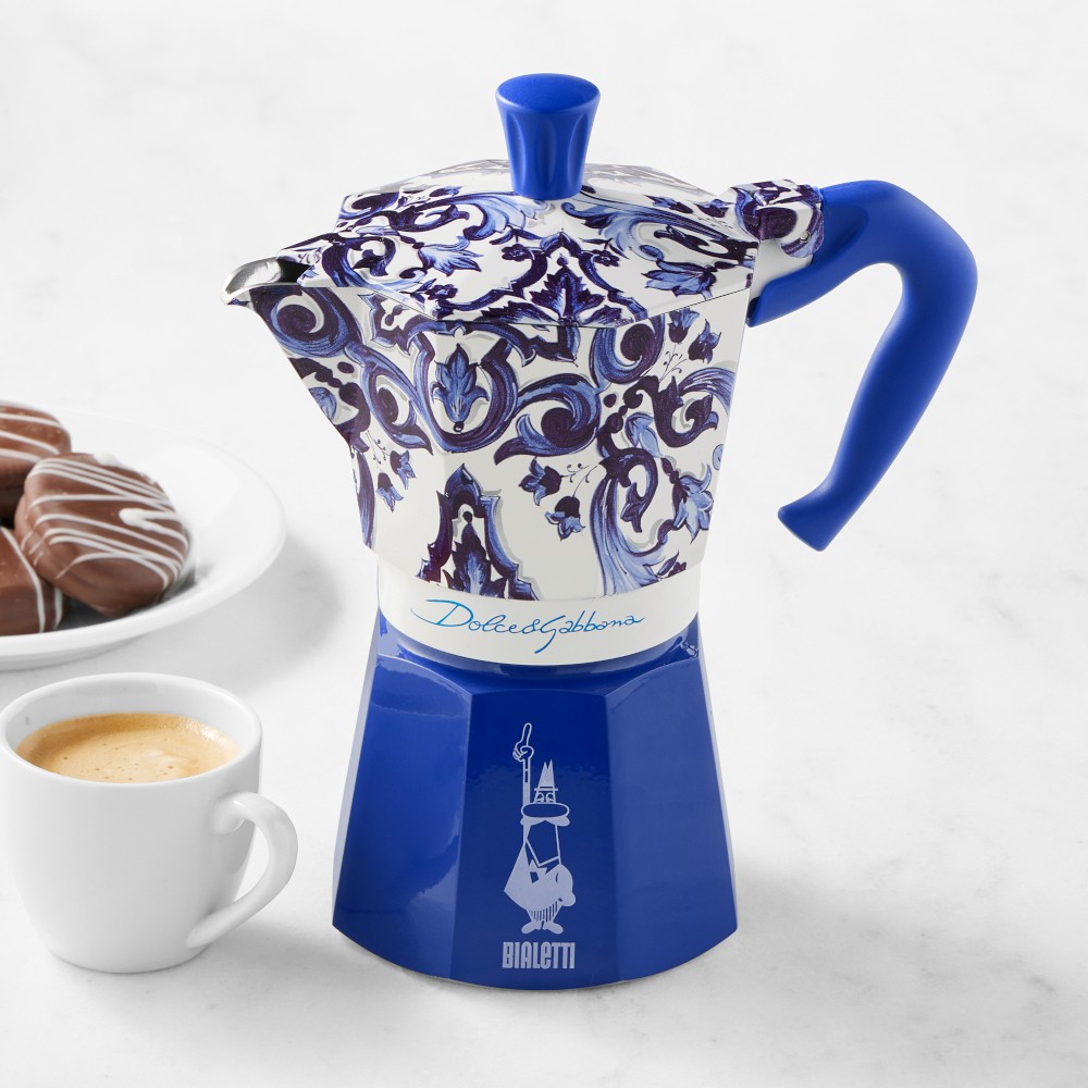 6 cup: Bialetti Moka Dolce & Gabbana Stovetop Espresso Maker, Blu Mediterraneo