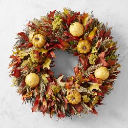 Pumpkin & Fall Leaves Live Wreath, 22"