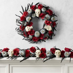 Spooky Soir&#233;e Halloween UV Protected Pre-Lit Faux Wreath &amp; Garland