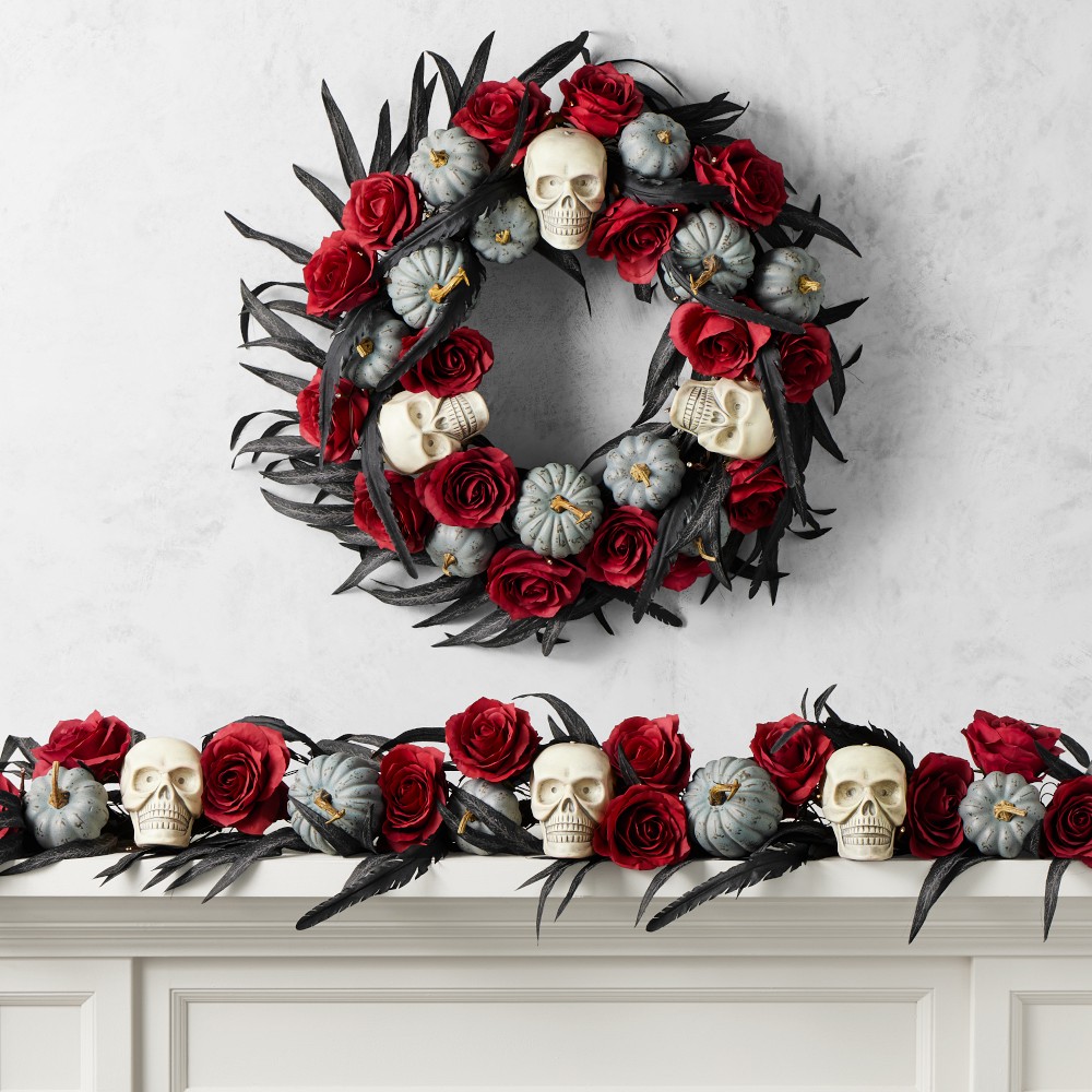 Spooky Soir&#233;e Halloween UV Protected Pre-Lit Faux Wreath &amp; Garland
