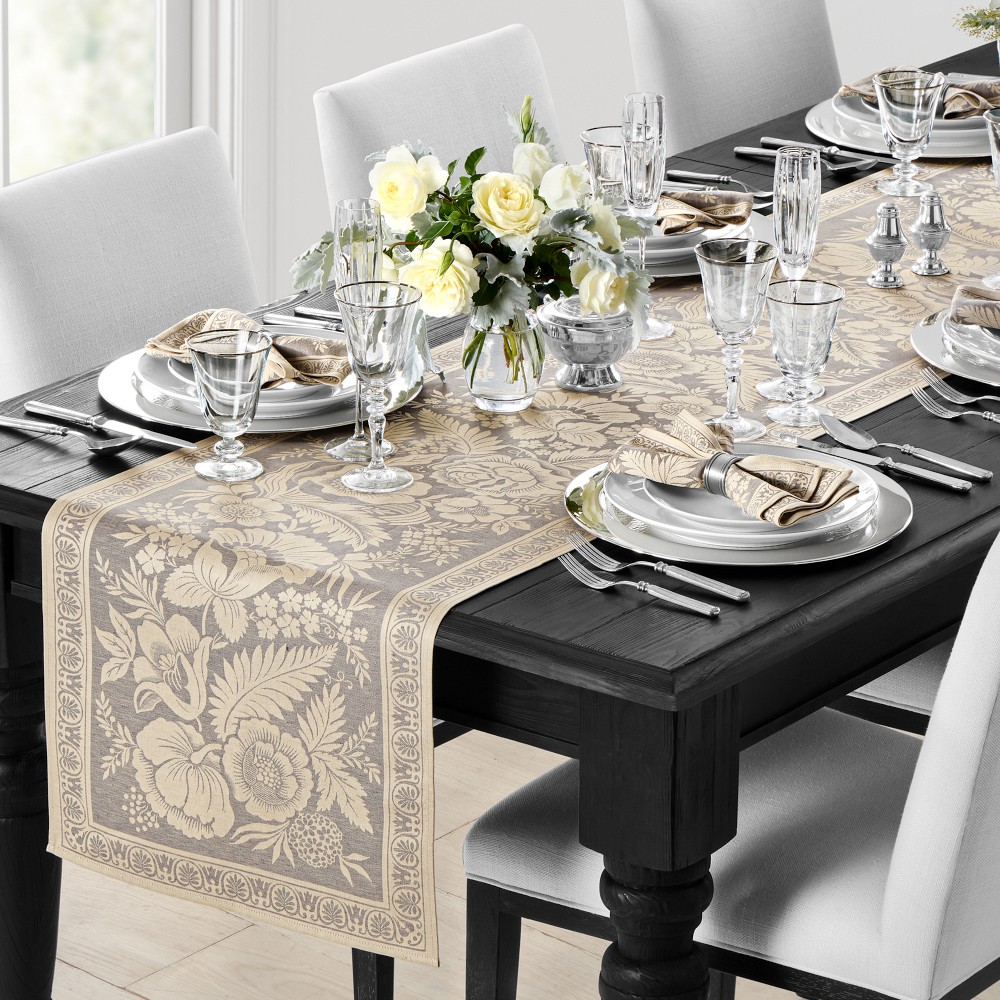Vintage Floral Jacquard Table Runner, Grey