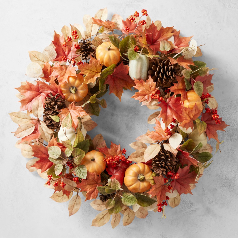 Fall Pumpkin & Maple Leaves UV Protected Faux Wreath