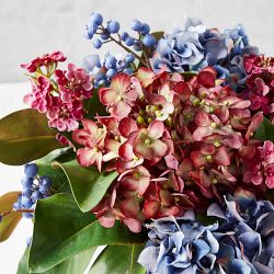 Faux Blue &amp; Purple Hydrangea Arrangement in Glass Vase