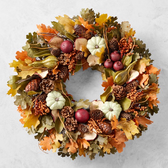 Pomegranate & Pumpkin Cornucopia Live Wreath, 20"