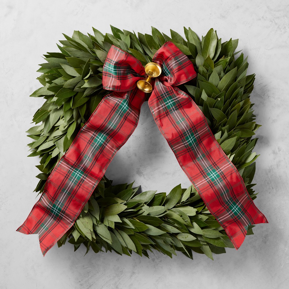 Bay Leaf Square Wreath w/ Tartan Ribbon 16"