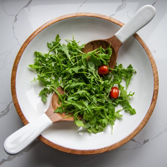 Jeanne Fitz Wood & White Salad Bowl & Servers Set