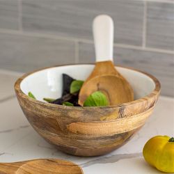 Jeanne Fitz Wood &amp; White Salad Bowl &amp; Servers Set