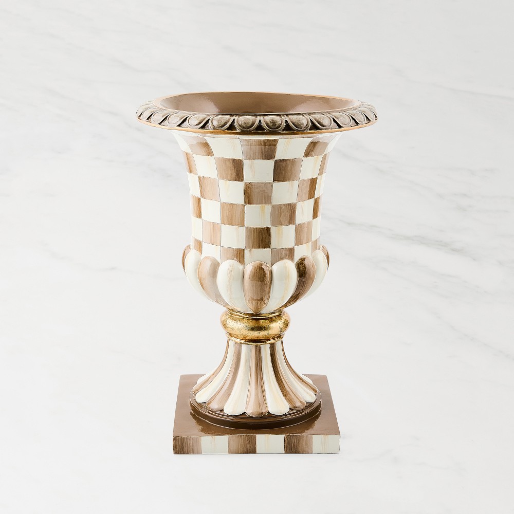 Mackenzie Childs Mocha Check Tabletop Pedestal Urn