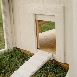 Charming White Chicken Coop with Silver Metal Roof, Chicken Run, and Cedar Cupola