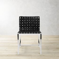Roma Upholstered Black Leather Dining Side Chair, Stainless Steel