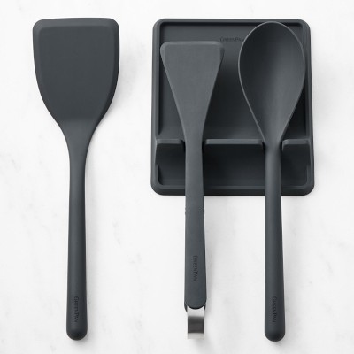 Greenpan Silicone Tools 4-Piece Utensil and Spoon Rest Set, Charcoal Grey