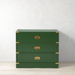 OPEN BOX: Campaign 3 Drawer Nightstand, Green Lacquer, Antique Brass
