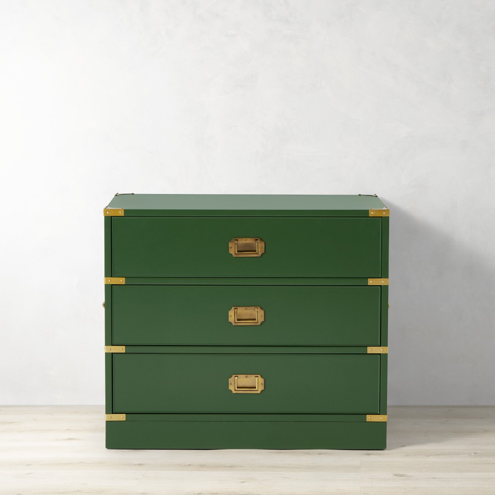 OPEN BOX: Campaign 3 Drawer Nightstand, Green Lacquer, Antique Brass