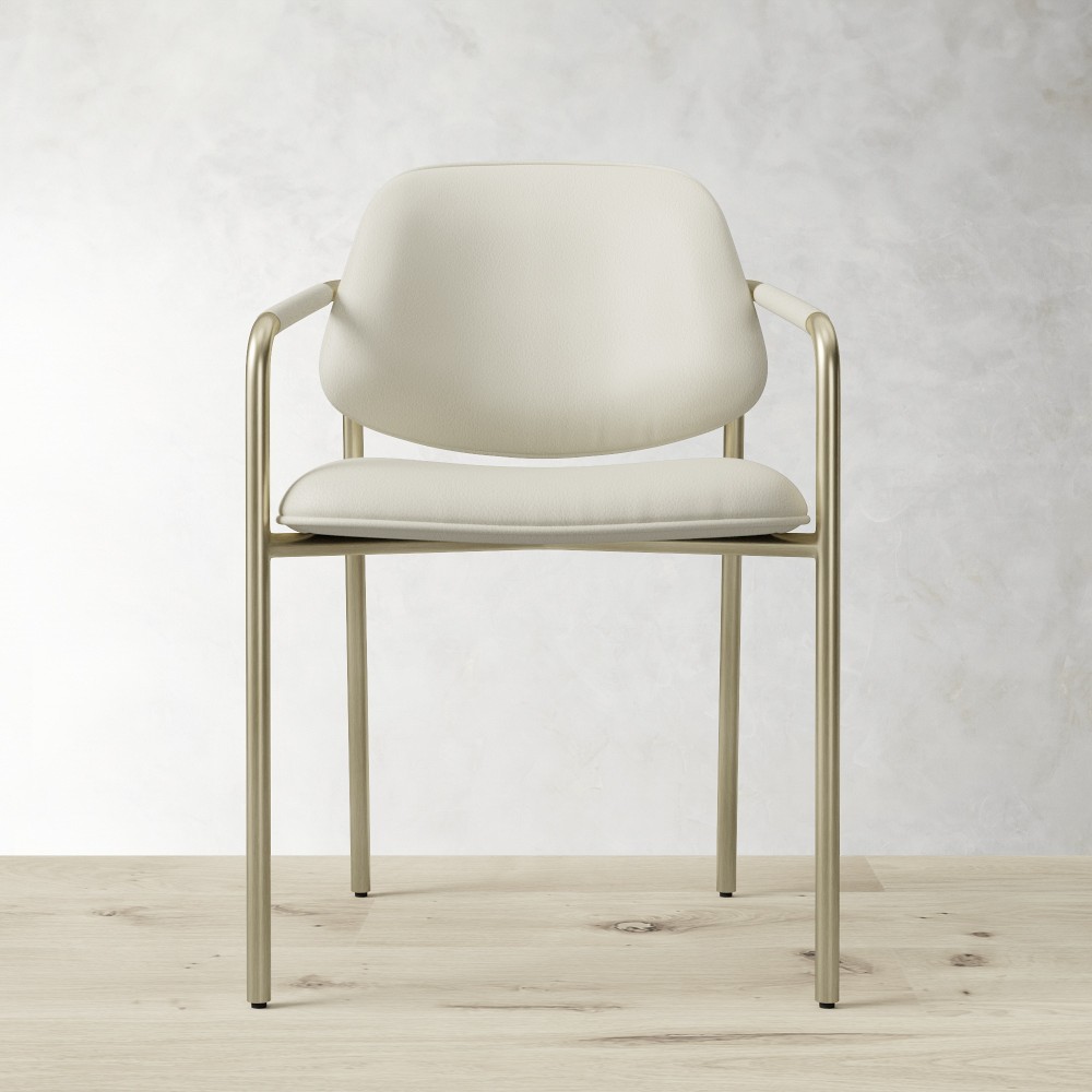 Kenwood Upholstered Dining Armchair - Standard, Performance Vegan Pebbled Leather, Ivory, Antique Brass