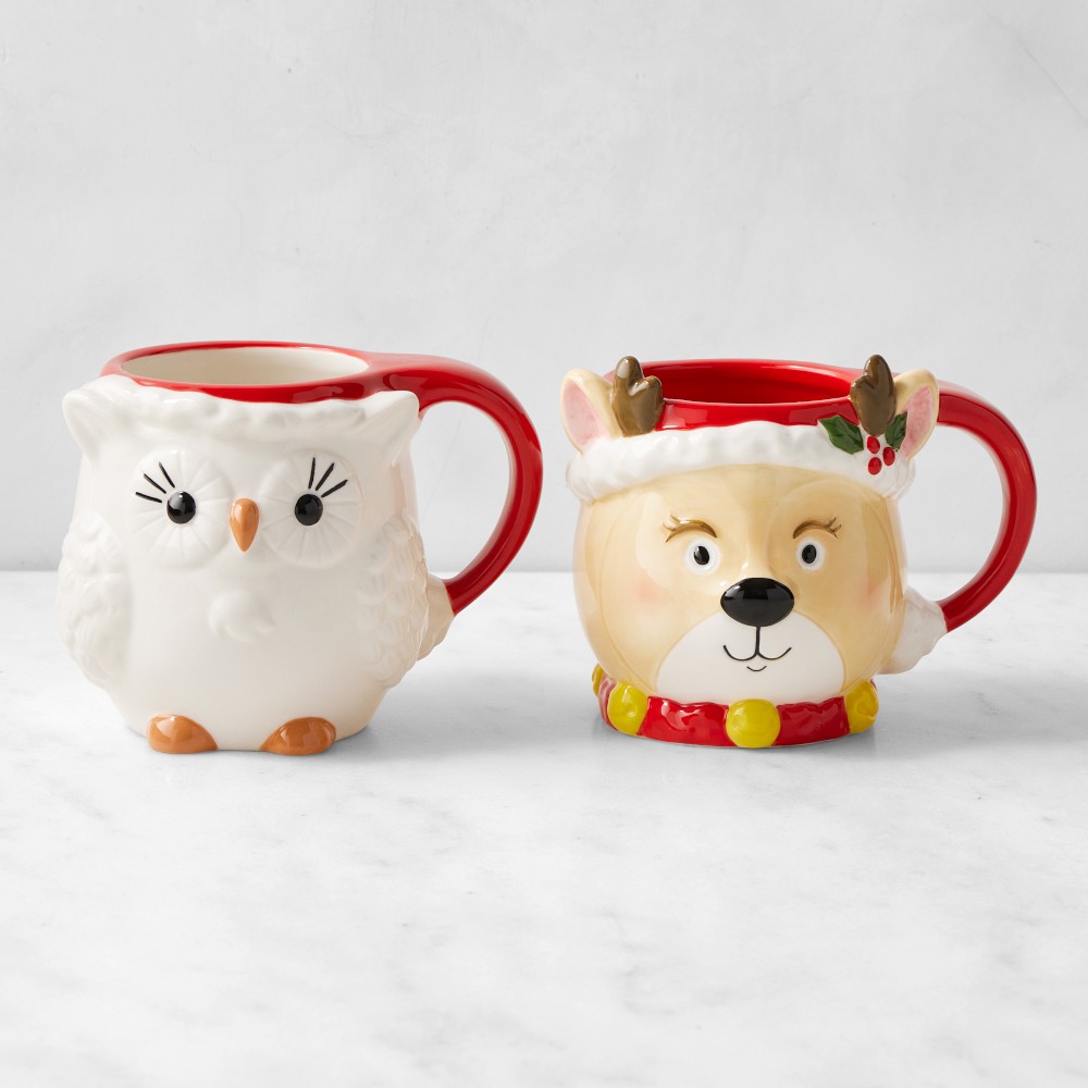 Figural Reindeer & Owl Mug Set