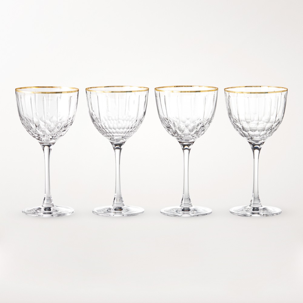 Wilshire Jewel Cut Nick & Nora Glasses, Set of 4, Gold Rim