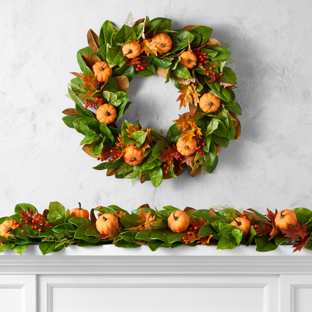 Orange and Green Pumpkin Fall Wreath and Garland