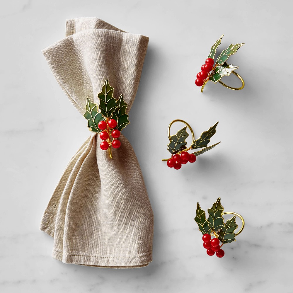 Cloisonné Holly Napkin Rings, Set of 4
