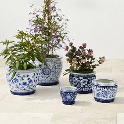 Blue &amp; White Ceramic Planter with Tray Collection