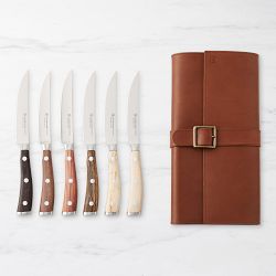 Wüsthof Ikon 6-Piece Mixed Wood Steak Knife Set with Leather Knife Roll