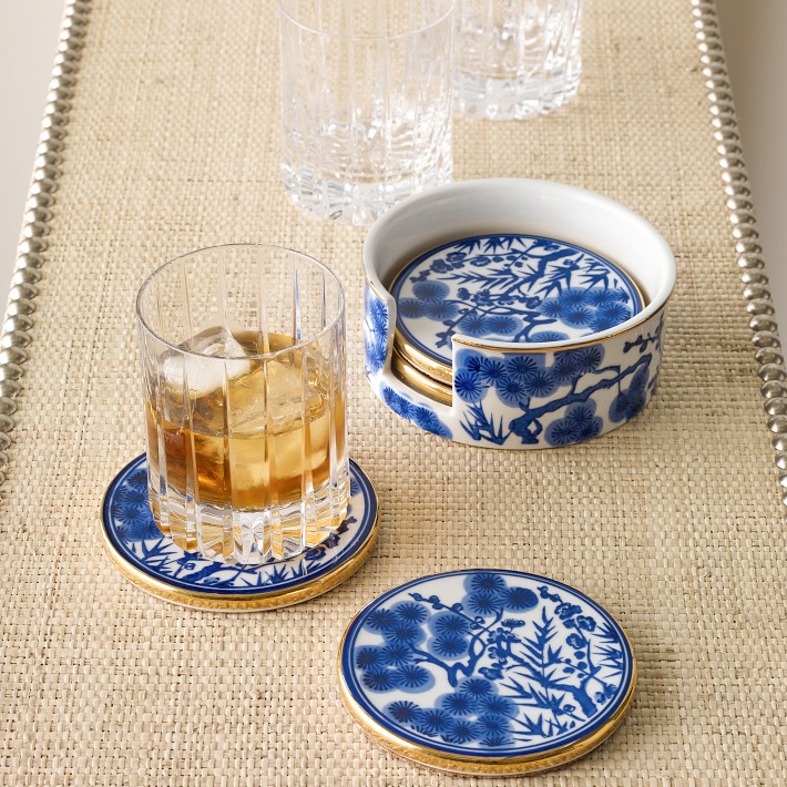 ChaseDream Ceramic Coasters With Holder - 4 Inch Round Absorbent Coasters, Cork Bottom, Heat Resistant, Set Of 4 + Metal Holder