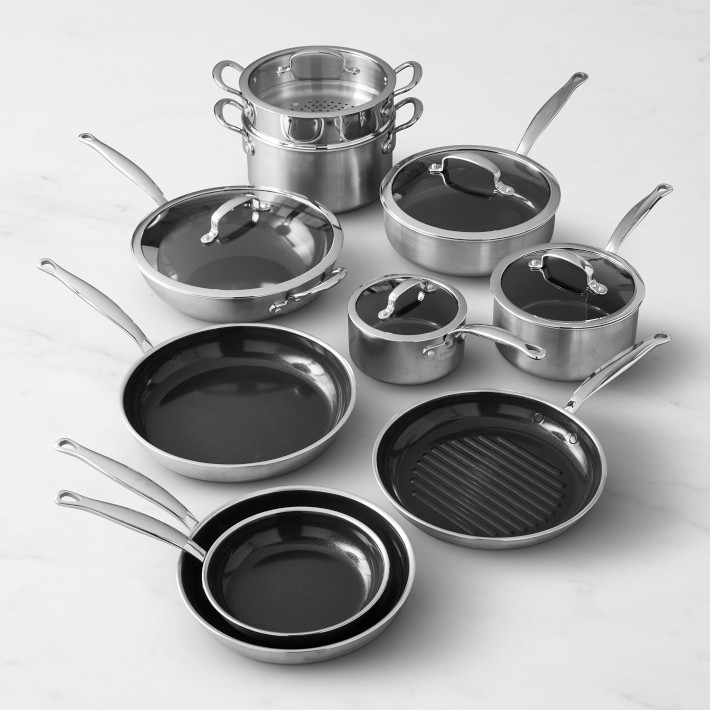 GreenPan™ Premiere Stainless-Steel Ceramic Nonstick 15-Piece Cookware Set with Sponge